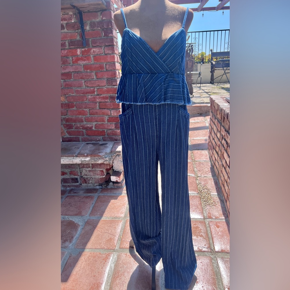 Anthropologie Ett:Twa Denim Pinstriped Wide Leg Jumpsuit with Peplum Overlay